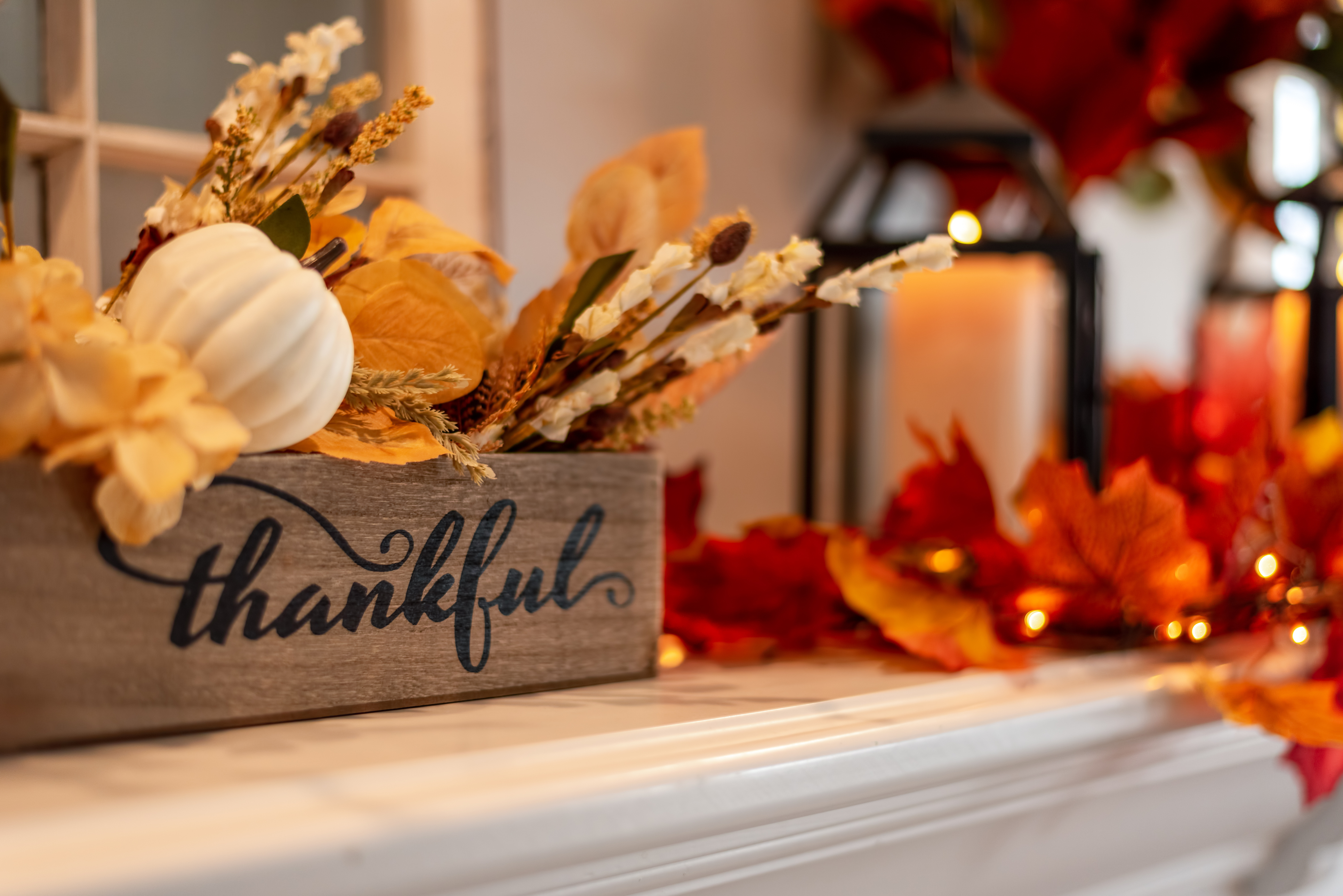 Fireplace mantle showing holiday decorations